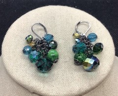 Vintage Dark Silver Tone Costume Green & Blue Glass Beaded Drop Earrings F998