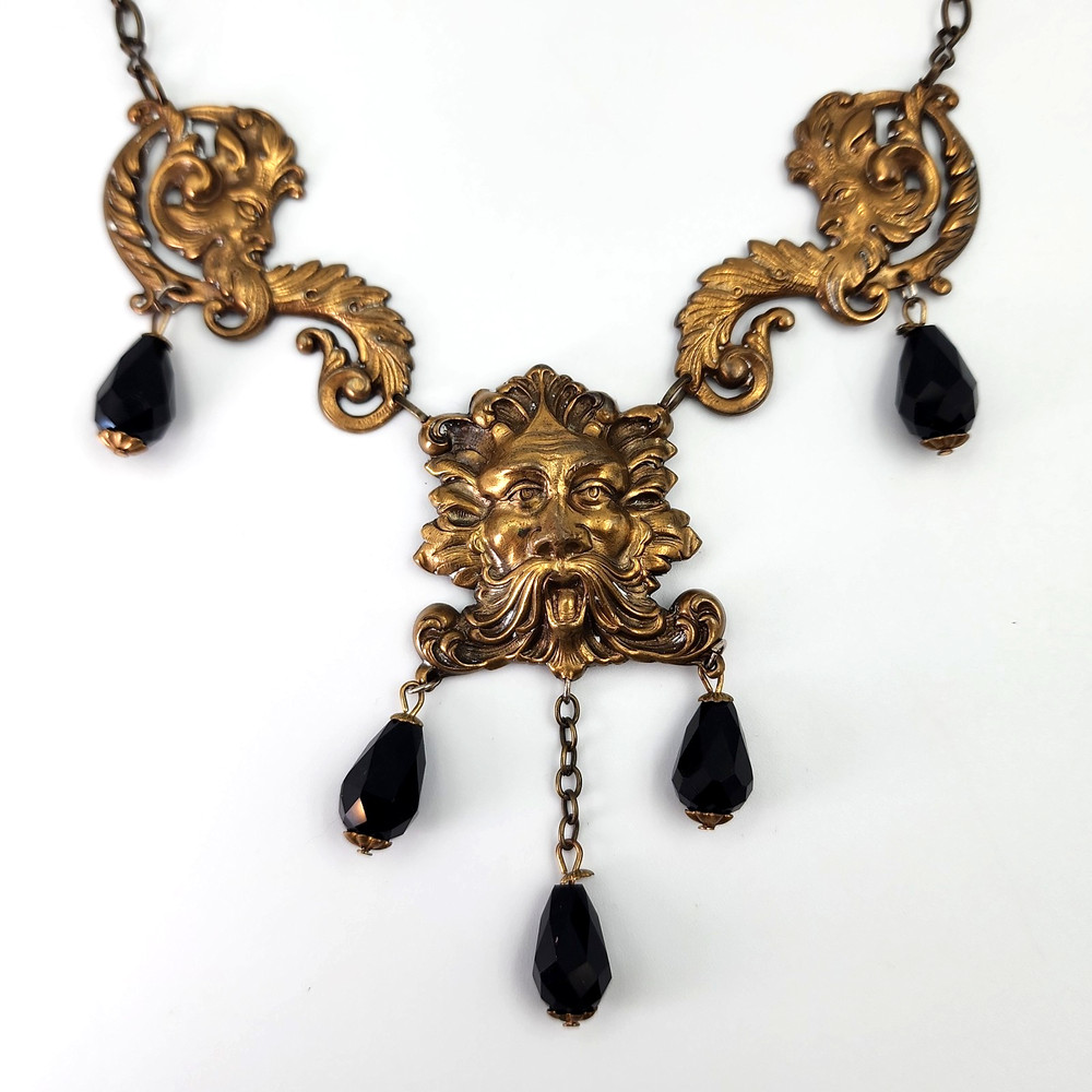 Green Man Art Nouveau Style Stamped Brass Necklace Jet Black Faceted Beads 18″