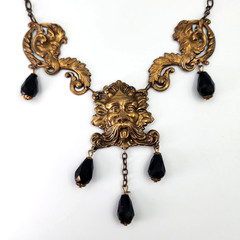 Green Man Art Nouveau Style Stamped Brass Necklace Jet Black Faceted Beads 18″