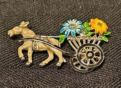 Vintage 1950s Marcasite and Enamel Rhodium Plated Donkey & Flower Cart Brooch