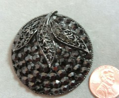 Vintage Black Enamel Rhinestone Filigree Floral Round Brooch Pin Cm 39