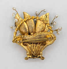 Vintage Lily of the Valley Flower Basket Brooch Faux Pearl Gold Tone Enamel Pin