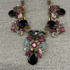 Vintage J Crew Necklace Jeweled Statement Burgundy Black Gold Tone 19 Inches
