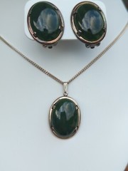 VINTAGE Sterling 925 Necklace Earrings Set Signed JJJ CHALCEDONY ? HEAVY A7