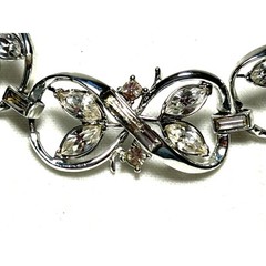 Vintage Coro Floral Infinity Link Rhinestone Bracelet Silver Tone 1950s