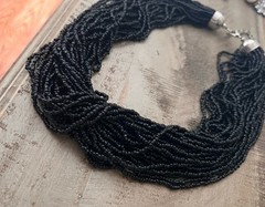 Vintage Black Glass Seed Bead Multi Layered Silver Clasp 18” Statement Necklace
