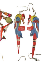 6 Pair Vintage FUN KITSCHY PAINTED WOOD ANIMAL FISH BIRDS BOAT DANGLE EARRINGS