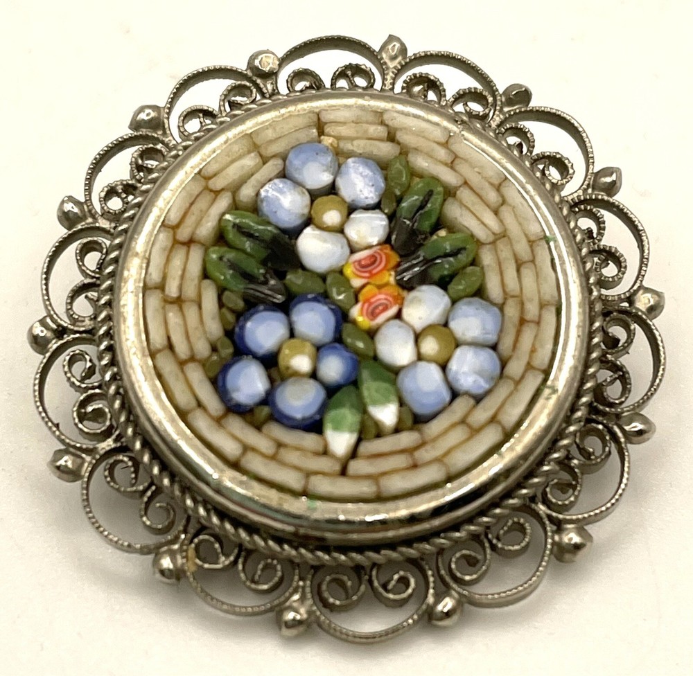 VTG Italian Micro Mosaic Millefiori Floral Brooch Silver Plate, Italy, 1.25”