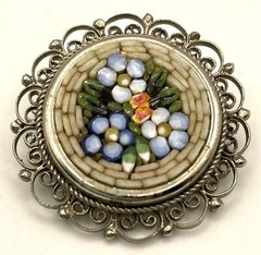 VTG Italian Micro Mosaic Millefiori Floral Brooch Silver Plate, Italy, 1.25”