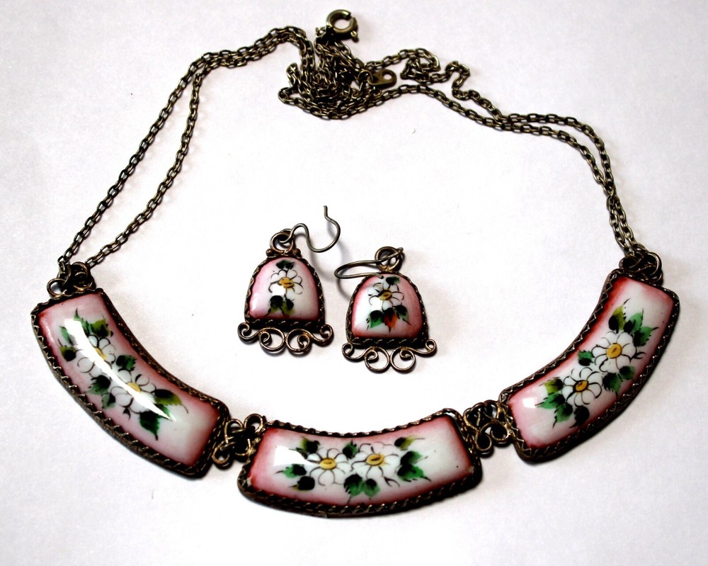 Vintage Unique Russian Enamel Hand Painted Jewelry Set Earrings + Necklace #58