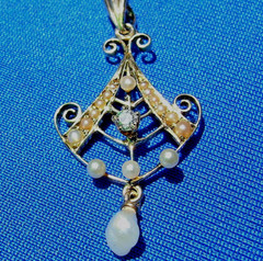 Original EARTH MINED DIAMOND Pearl ART Deco Pendant Medallion Necklaces 14K GOLD