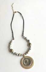 Antique gold tone necklace / Tricolor Disk pendant with clear crystals