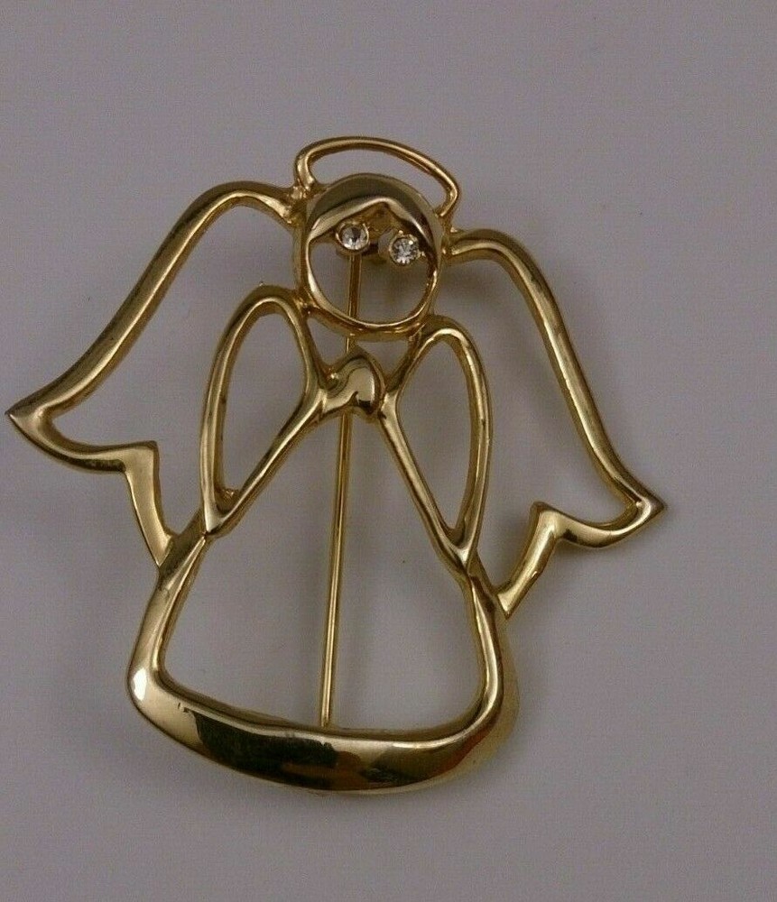 **STUNNING!!**AAI Brand Signed Gold Toned Angel Pin Brooch Rhinestone Eyes 2″