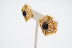Vintage Clip On Earrings Gold Tone Rhinestone Black Cabochon