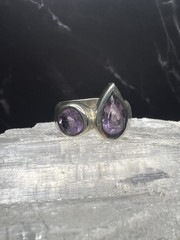 Vintage 925 Sterling Silver Teardrop & Round Faceted Amethyst Ring Size 6.25