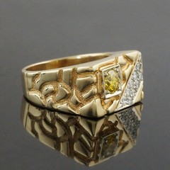 Solid 14K Gold, .65Ct Fancy Yellow Irradiated Diamond & White Diamond Man’s Ring