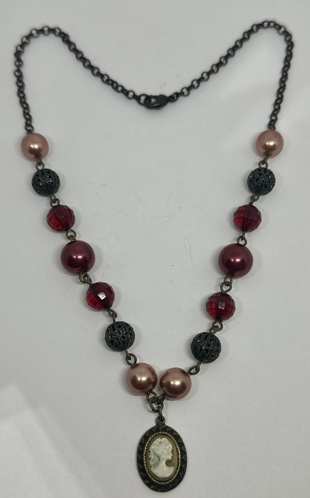 Cameo Pendant Necklace Burgundy Beads Faux Pearl Filigree 18″ Necklace