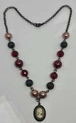 Cameo Pendant Necklace Burgundy Beads Faux Pearl Filigree 18″ Necklace