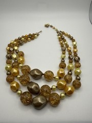 Japan Choker Necklace w/ Faux Pearl Crackled Lucite Gold Tan Yellow