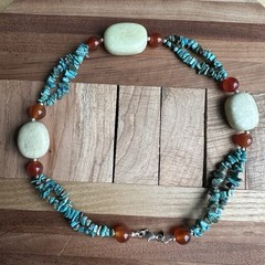 LJ Beaded Necklace 18 Inch Turquoise Carnelian Mutton Fat 925 Sterling 76.7g
