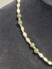 Vintage Green And White Beaded Necklace Natural Gemstones Brass Wire & Beads