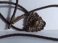 VTG Bolo Tie Leather, Bronze-Tone Pewter(??) Brown Polished Stone *READ ALL*