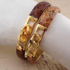 VTG Pair Set of 2 Brown Snake Skin Gold Tone Tension Closed 6 1/2″ Bracelet Lot