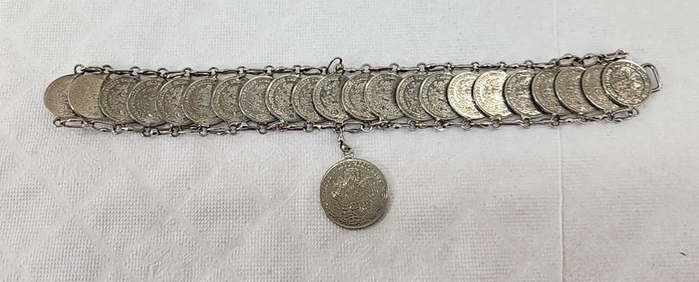 Vintage Mexican 1974 20 Centavos 1979 10 Centavos Coin Bracelet 7”