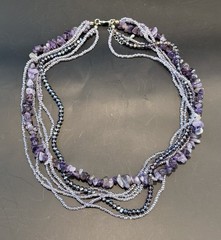 Vintage 6 Strand Purple Stone & Plastic Bead Necklace 18-20” Long