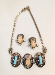 Vintage SELRO SELINI Asian Portrait Necklace 2 Pins Two Brooches Goldtone