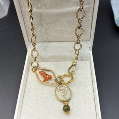 Vintage 12k Gold Filled Pocket Watch Chain FOB, Dog Clip, + RED BRANCH CORAL