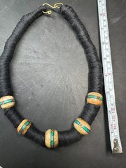 Vintage Nepal Yak Bone Bead Necklace with Turquoise Coral Inlay, Handmade Triba