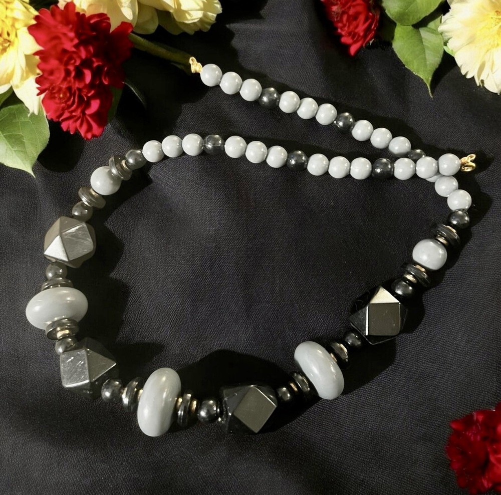 Vintage Modernist Geometric Chunky Statement 24”Necklace Black Gray Gold 1980s