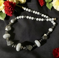 Vintage Modernist Geometric Chunky Statement 24”Necklace Black Gray Gold 1980s