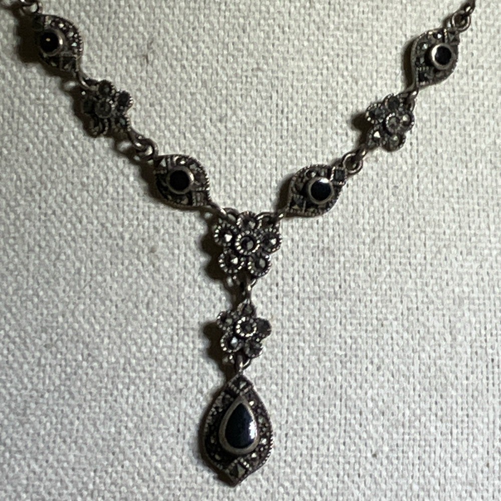 Vintage Victorian Black Onyx, Marcasite, Sterling Silver Lavalier Y Necklace