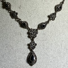 Vintage Victorian Black Onyx, Marcasite, Sterling Silver Lavalier Y Necklace
