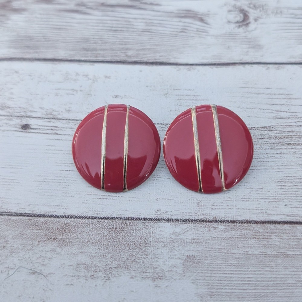 Vintage Earrings for Pierced Ears Red Circle with Gold Tone Stripes 1″