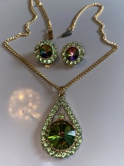 Vintage Juliana Style Watermelon, Rivoli Green Rhinestone Pendant Earrings Set