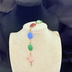 VTG. ESTATE PINK QUARTZ, LAPIS, CARNELIAN CABOCHON SCARAB BEETLES BRACELET