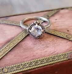 Vtg Gold Tone Engagement Ring, Clear Stone Halo Setting Pave Band, Size 4.25