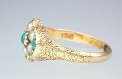 Pretty Antique Victorian 15K Gold Turquoise Pearl Floral Engraved Ring 1869 5.75