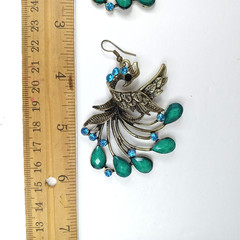 Boho Antique-Bronze Peacock Dangle Statement Earrings Turquoise Rhinestone Drops