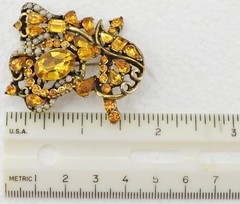 1953 HOLLYCRAFT Rhinestone Floral Brooch Faux Golden Topaz & Pearls Signed Dated