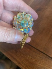 Vintage Edlee Aurora Borealis Rivoli Rhinestones Gold Tone Pendant w/ Tassle 3”