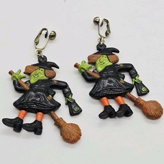 Witch on Broom Clip on Earrings Halloween Costume Vintage Moving Legs 3.5 in