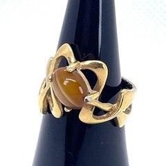 VTG 18KT HGE Gold Plate Ring Tiger Eye Art Nouveau Abstract MCM Retro Size 6.25