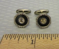 French Vintage Art Deco Black Celluloid Cufflinks Octagon Inlay Rhinestones