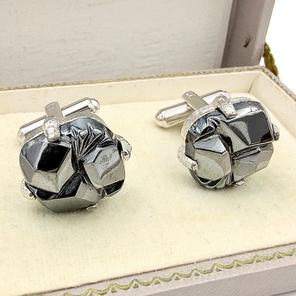 Swank Signed MCM Gray Glass Abstract Geometric Silver Plate Brutalist Cufflinks