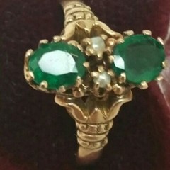 Antique Victorian 10K Gold Genuine 0.80ct Emeralds & Pearl Ring