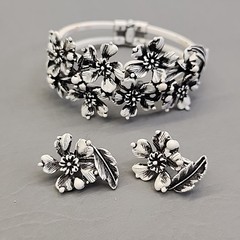Vintage Clamper Bracelet Clip On Earrings Set White Enamel Black Washed Flowers